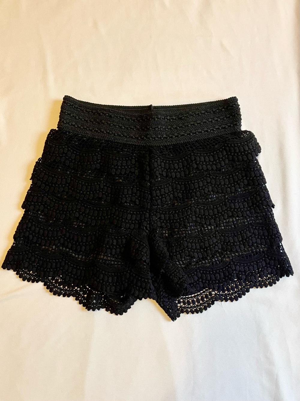 Black Crochet Lace Lined Tiered Shorts